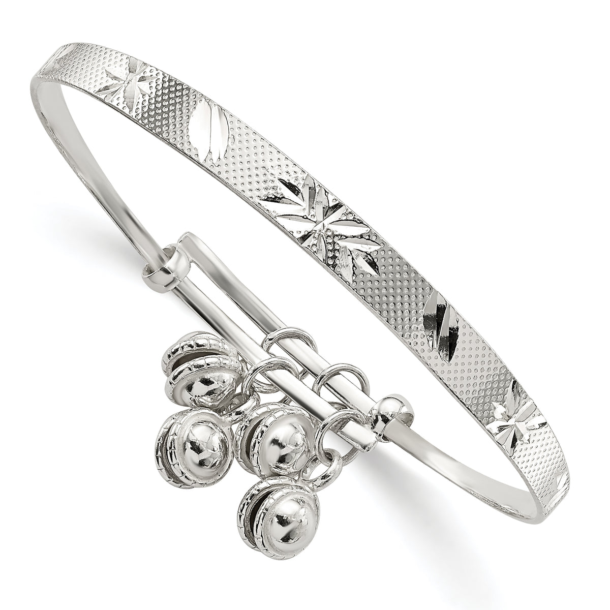 Sterling Silver D/C & Textured Bells Adjustable Children's Bangle Bracelet