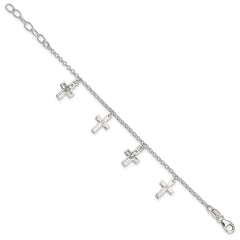 Sterling Silver Polished CZ Crosses w/ 1in Ext. Children's Bracelet
