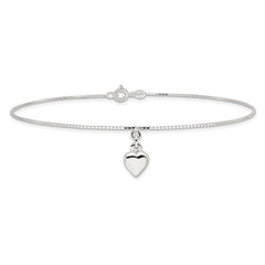 Sterling Silver 10inch Polished Puffed Heart Anklet