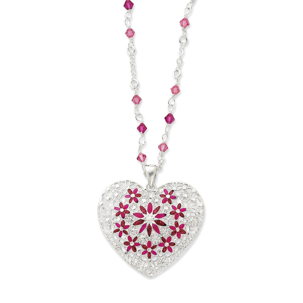 Sterling Silver Pink Enameled & CZ Fancy Heart Necklace