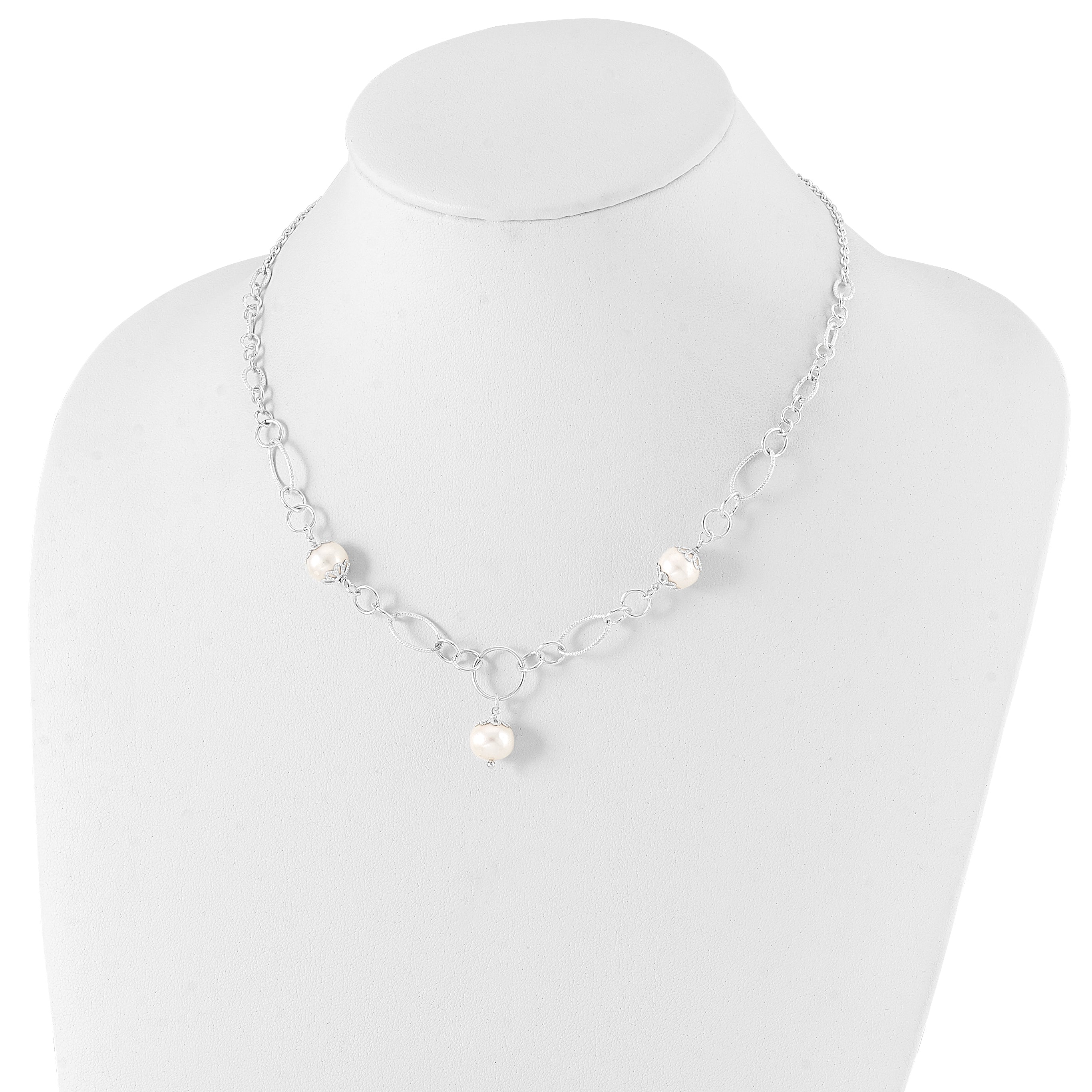 Sterling Silver 925 Fancy Pearl Drop Necklace Elegant Polished Design