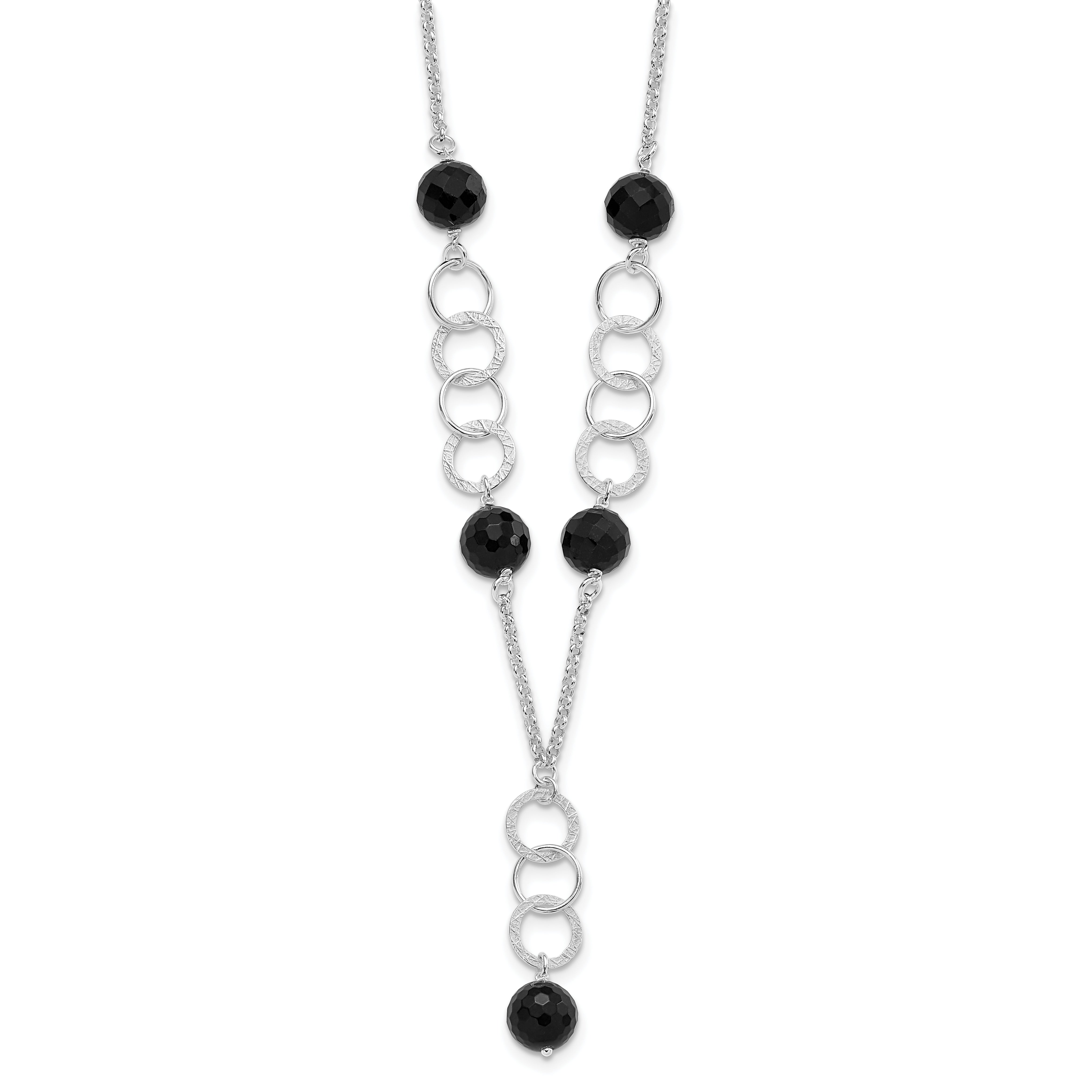 Sterling Silver Polished & Textured Black Bead Drop Necklace