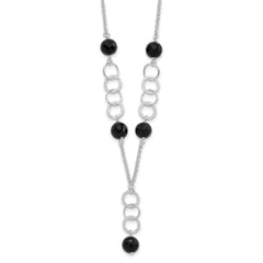 Sterling Silver Polished & Textured Black Bead Drop Necklace