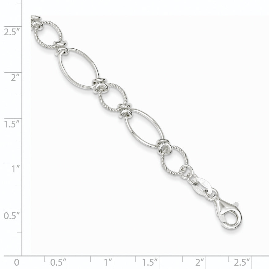 Sterling Silver Polished Textured Fancy Circle and Oval Link Bracelet