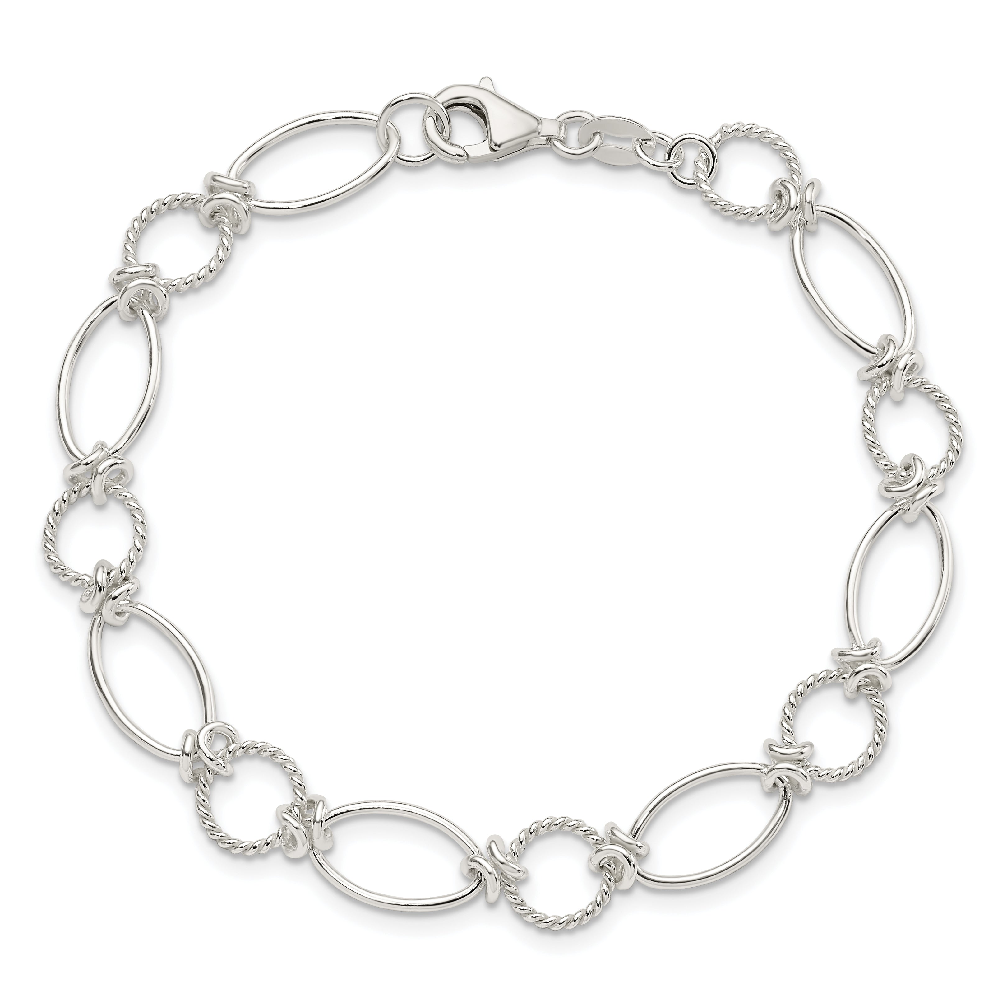 Sterling Silver Polished Textured Fancy Circle and Oval Link Bracelet