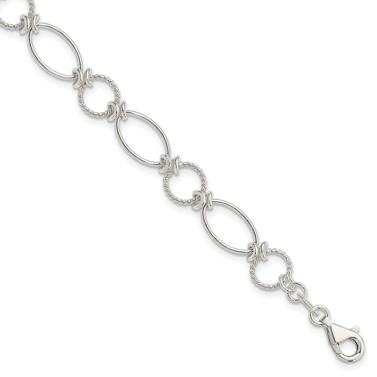 Sterling Silver Polished Textured Fancy Circle and Oval Link Bracelet
