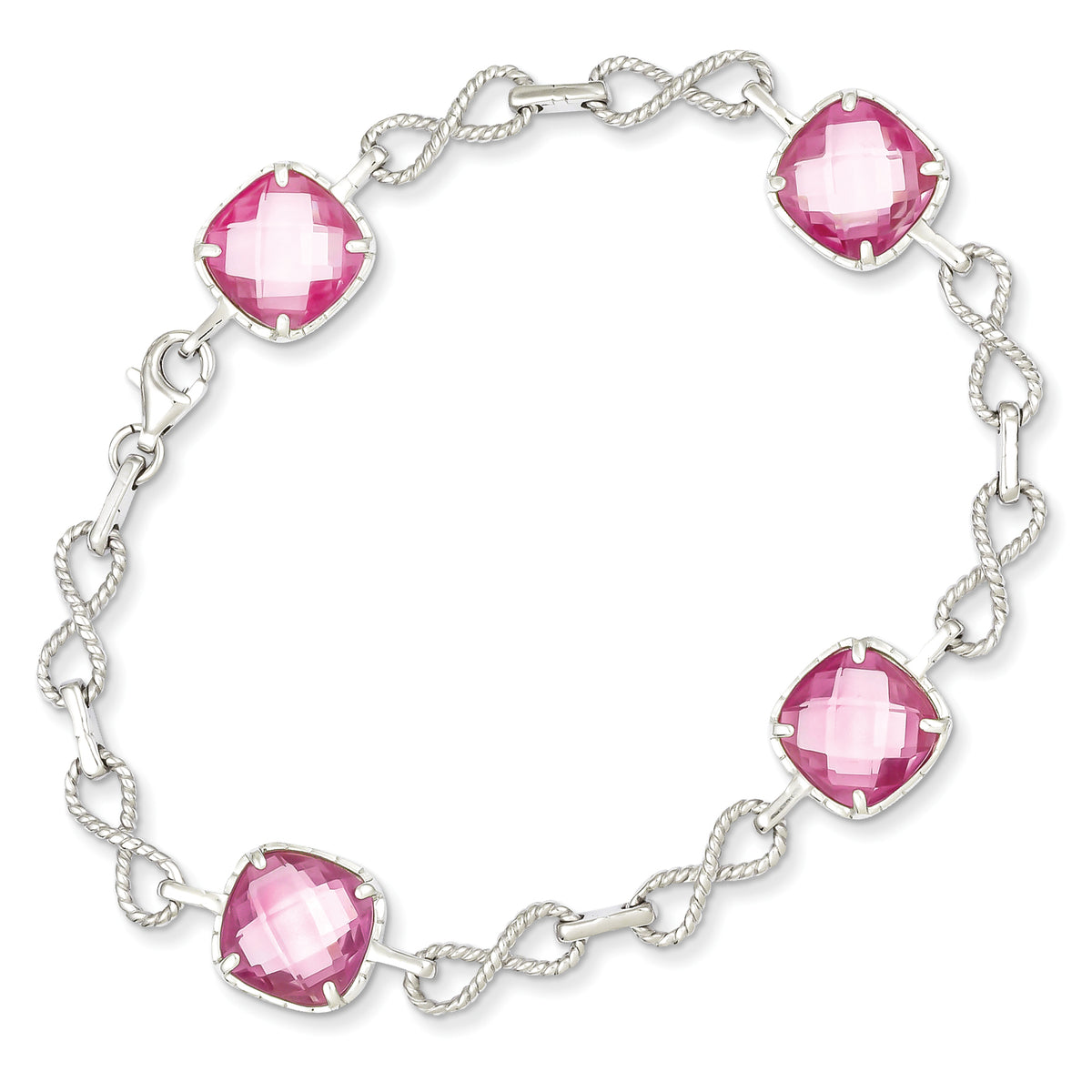 Sterling Silver Square CZ Pink Checkerboard 7.25in Bracelet