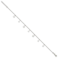 Sterling Silver Polished and Textured Star 9in Plus 1in Ext. Anklet