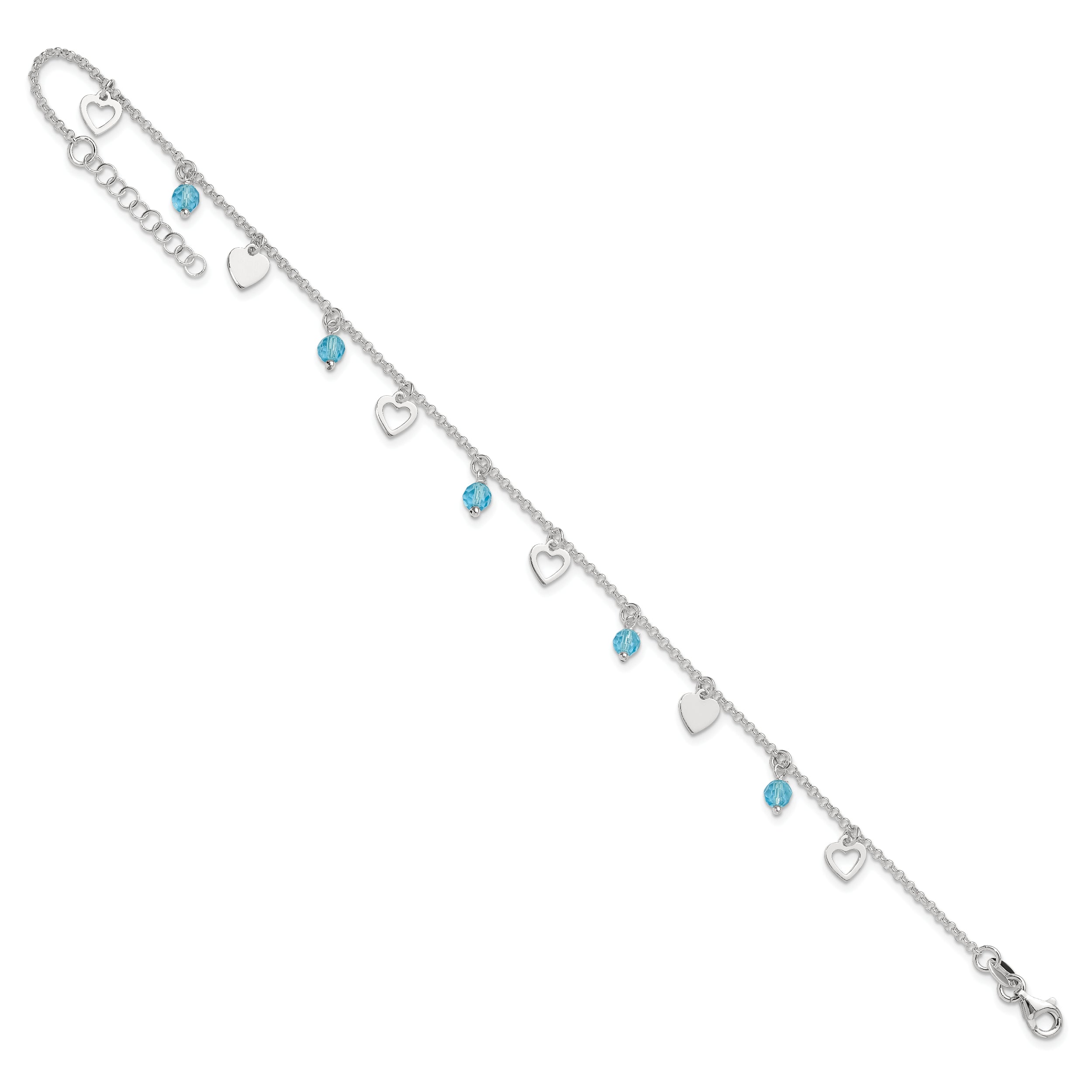 Sterling Silver 9 inch Heart and Blue Glass Plus1in ext. Anklet