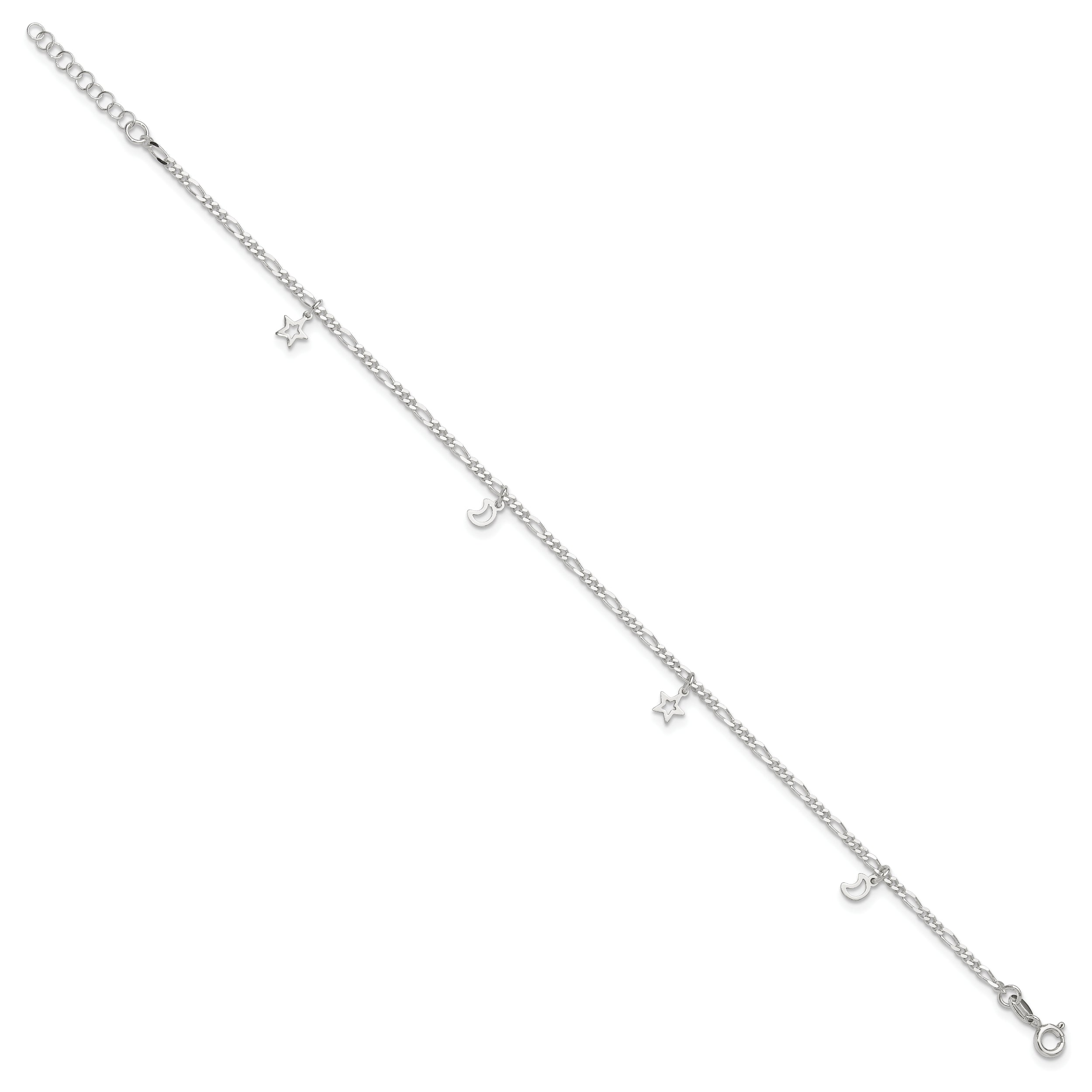 Sterling Silver Polished Star and Moon 9in Plus 1in Ext. Anklet