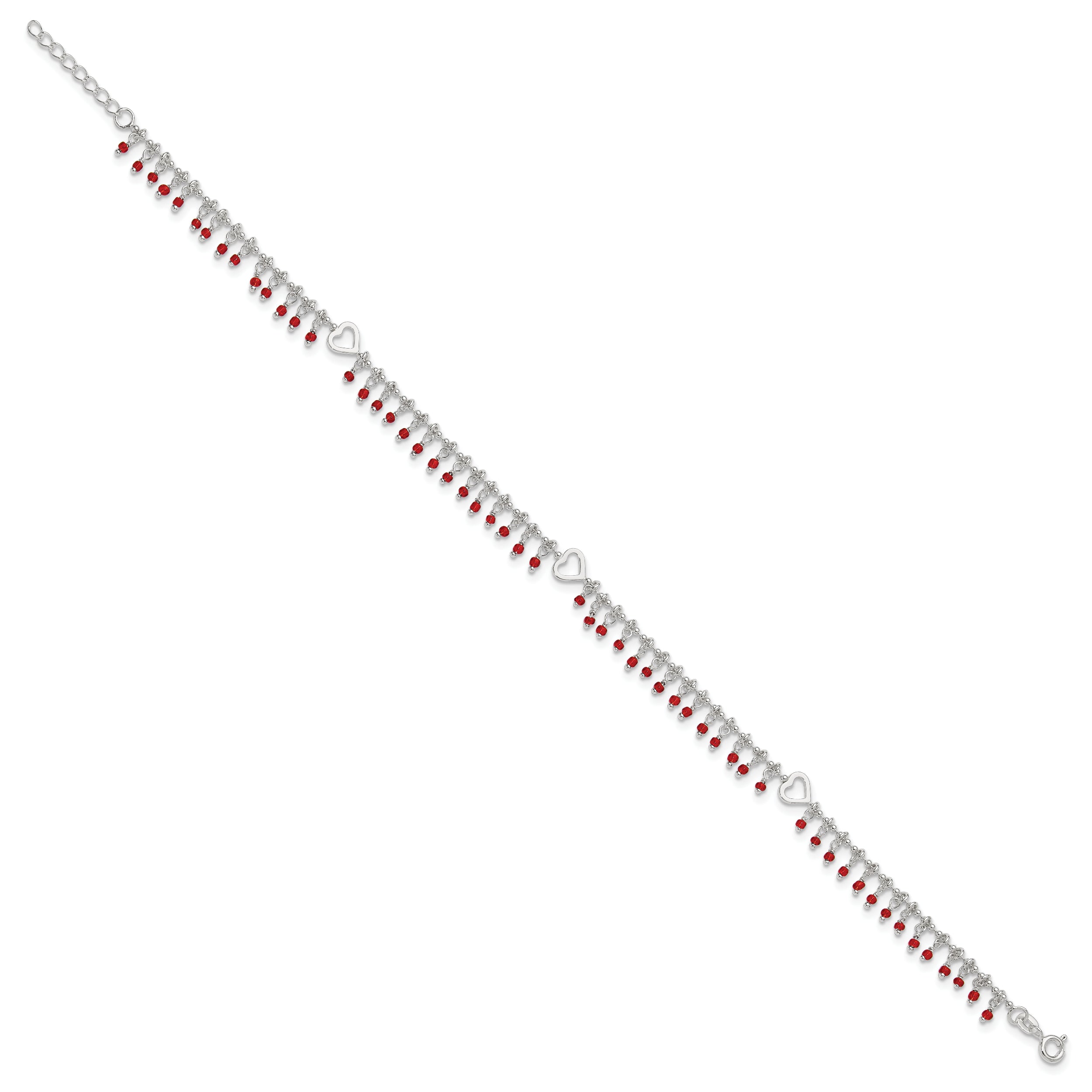 Sterling Silver Red Beads 10in Plus 1in Ext. Anklet