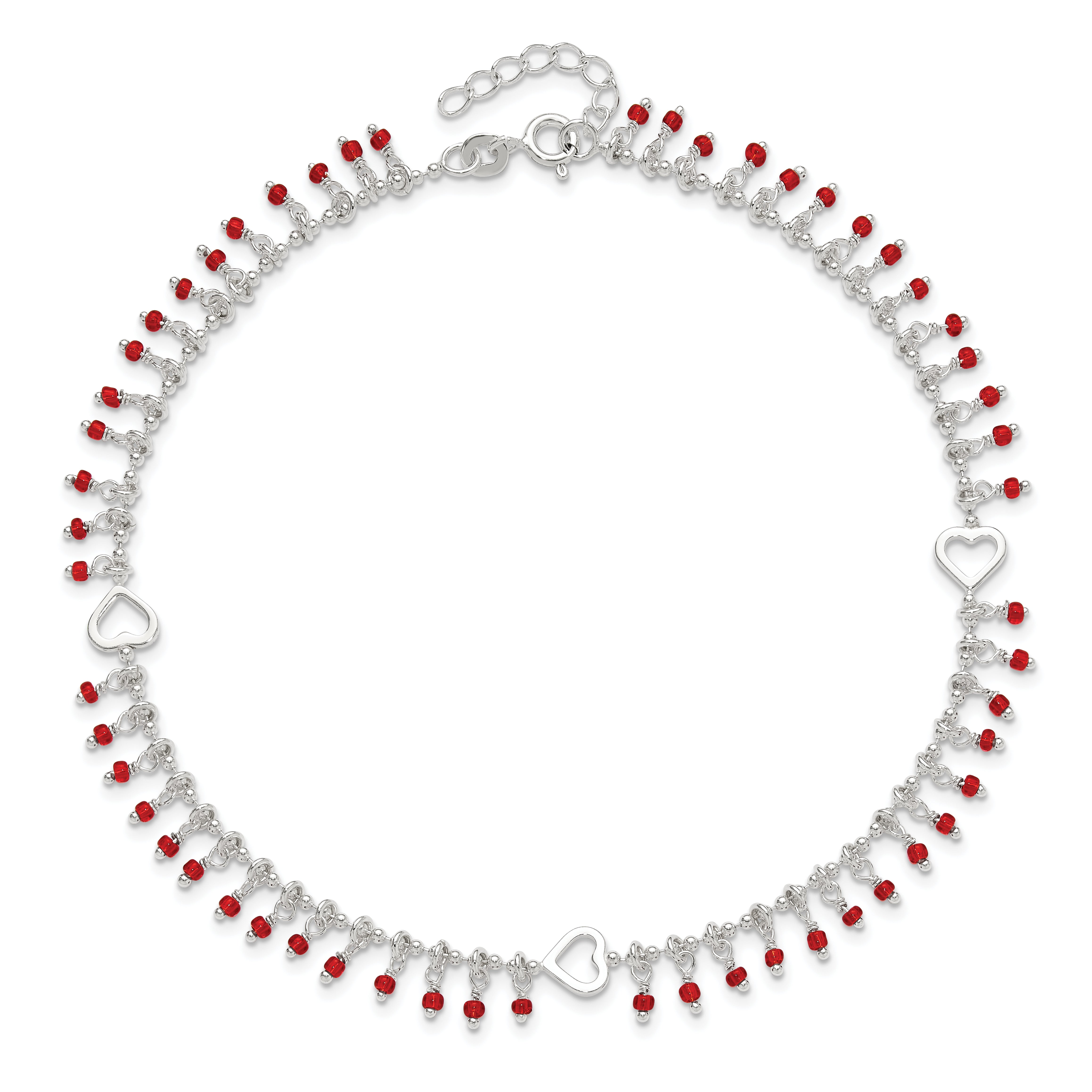 Sterling Silver Red Beads 10in Plus 1in Ext. Anklet