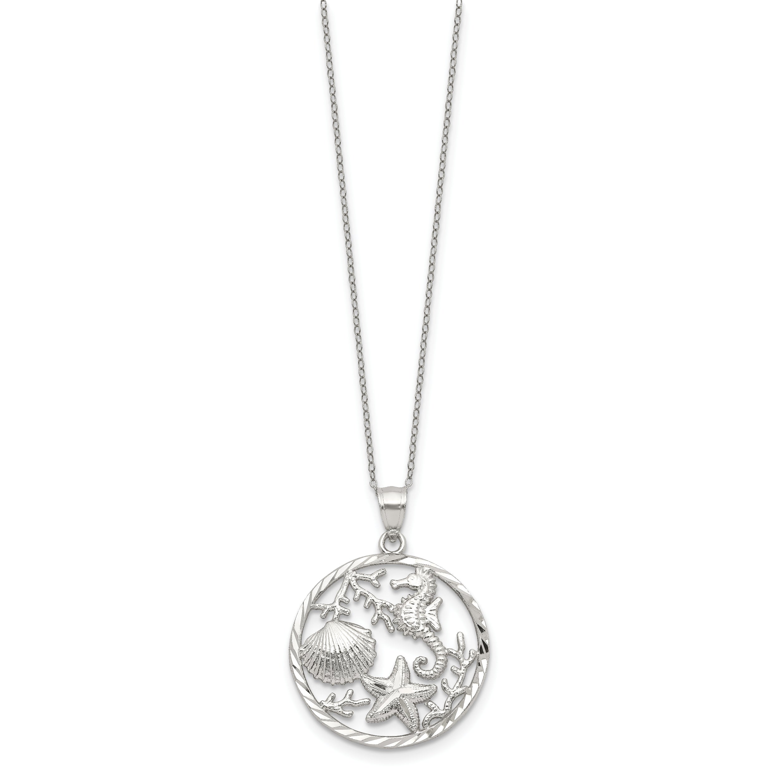 Sterling Silver Rhodium-plated Seahorse, Starfish and Shell Pendant