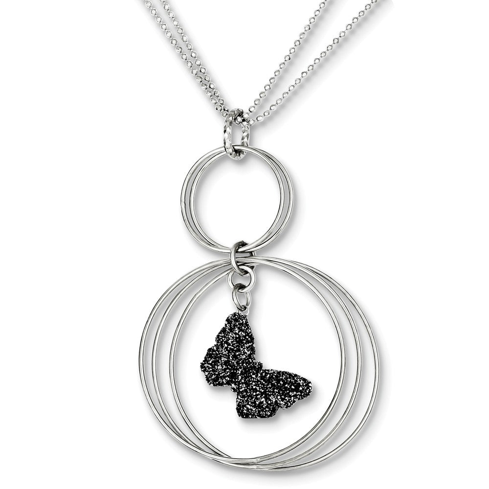 Sterling Silver Rhodium Plated Glitter Enamel Butterfly 2in ext. Necklace