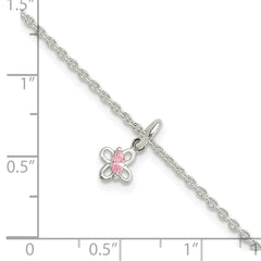 Sterling Silver Polished Pink CZ Butterfly w/ 1.5in Ext. Children's Bracele - 6.5