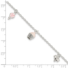 Sterling Silver Polished Pink & White Enameled Lollipop, Cupcake & Heart with 1.5 Inch Extension Children's Bracelet