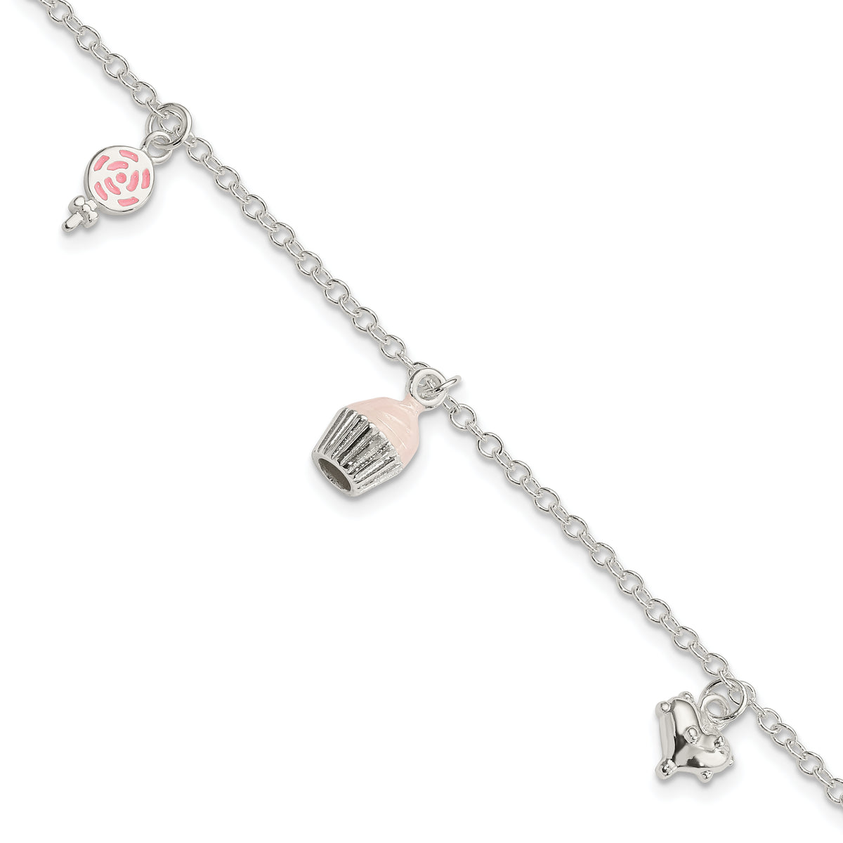 Sterling Silver Polished Pink & White Enameled Lollipop, Cupcake & Heart with 1.5 Inch Extension Children's Bracelet