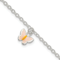Sterling Silver Polished Enamel Butterfly w/ 1.5in ext. Childrens Bracelet