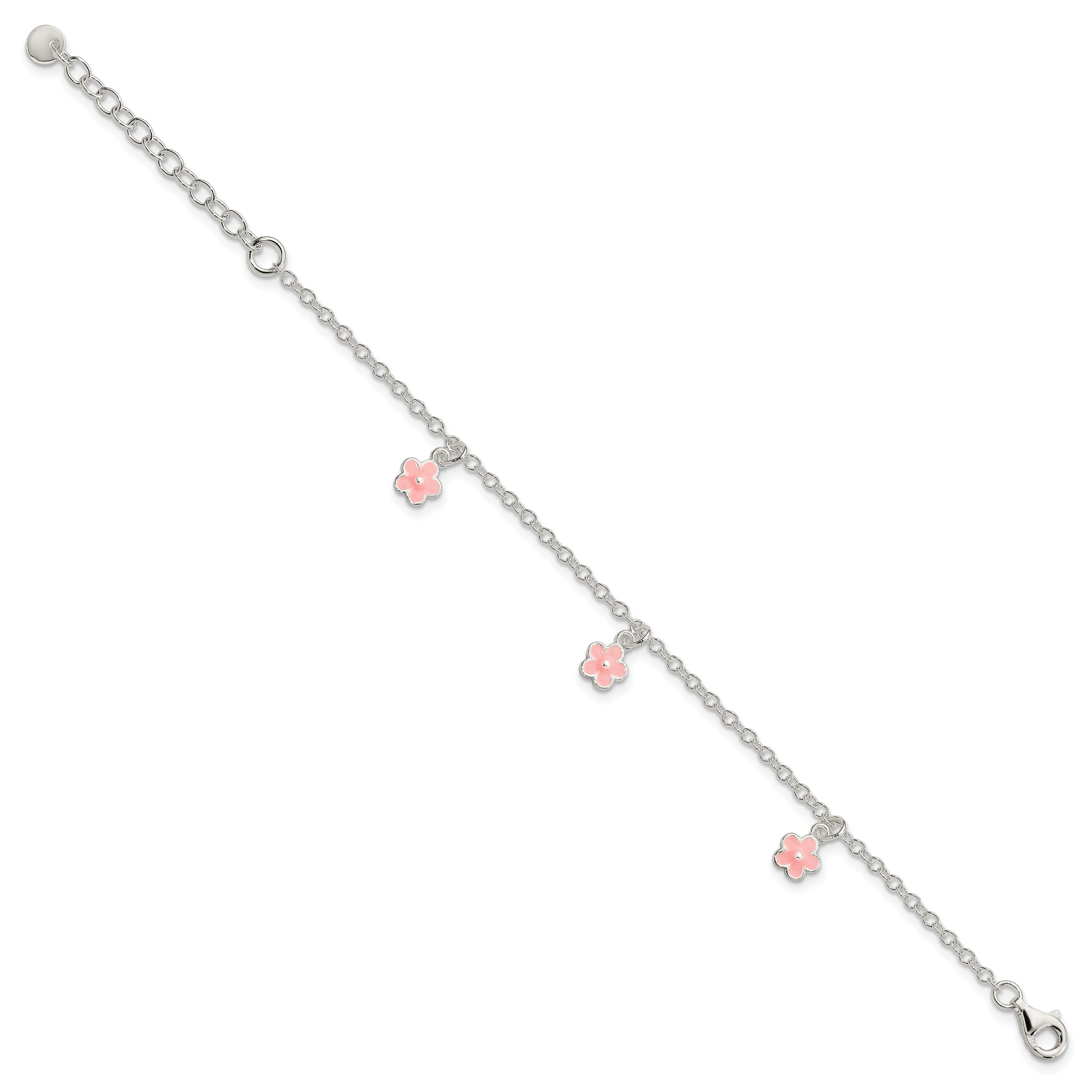 Sterling Silver Polished Pink Enamel Flowers w/1.5in Ext Children's Bracele - 7