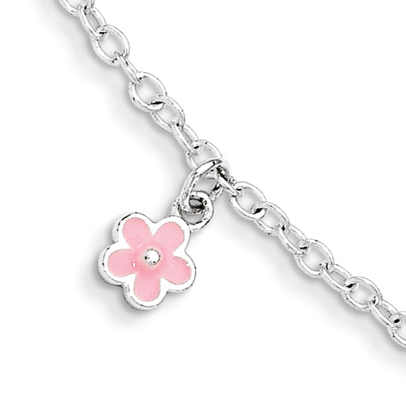 Sterling Silver Polished Pink Enamel Flowers w/1.5in Ext Children's Bracele