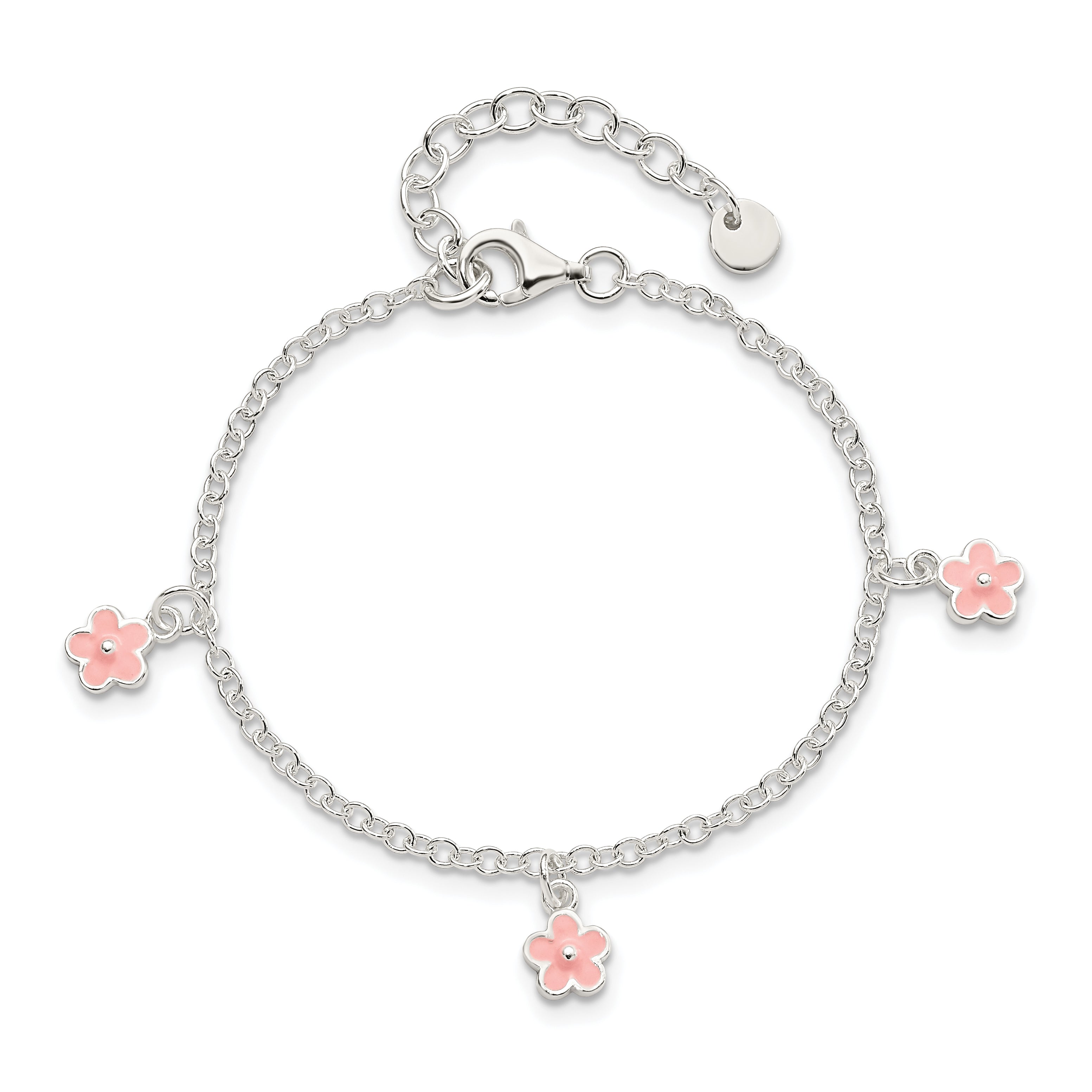 Sterling Silver Polished Pink Enamel Flowers w/1.5in Ext Children's Bracele - 7