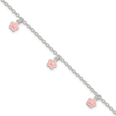 Sterling Silver Polished Pink Enamel Flowers w/1.5in Ext Children's Bracele