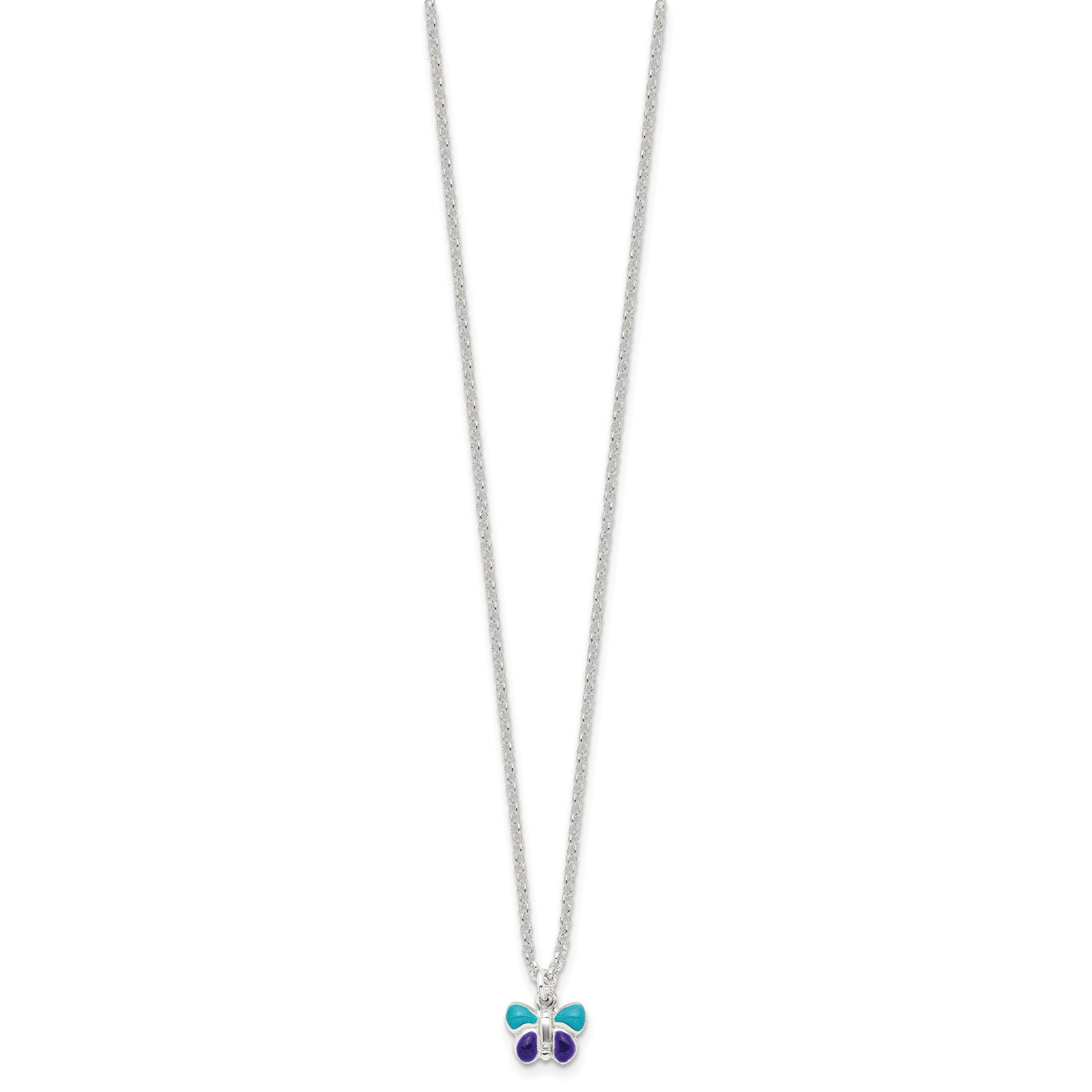 Sterling Silver Polished Blue & Purple Enameled Butterfly with 1.5inch Extension Children's Necklace