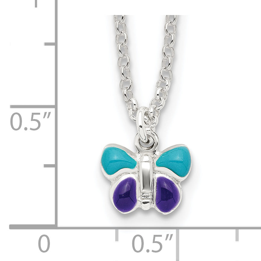 Sterling Silver Polished Blue & Purple Enameled Butterfly with 1.5inch Extension Children's Necklace