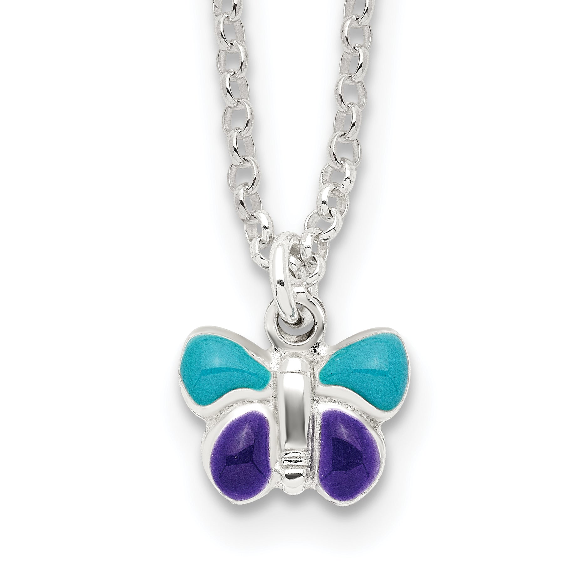 Sterling Silver Polished Blue & Purple Enameled Butterfly with 1.5inch Extension Children's Necklace