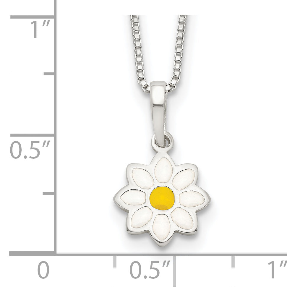 Sterling Silver Polished Yellow & White Enamel Flower Children's Necklace