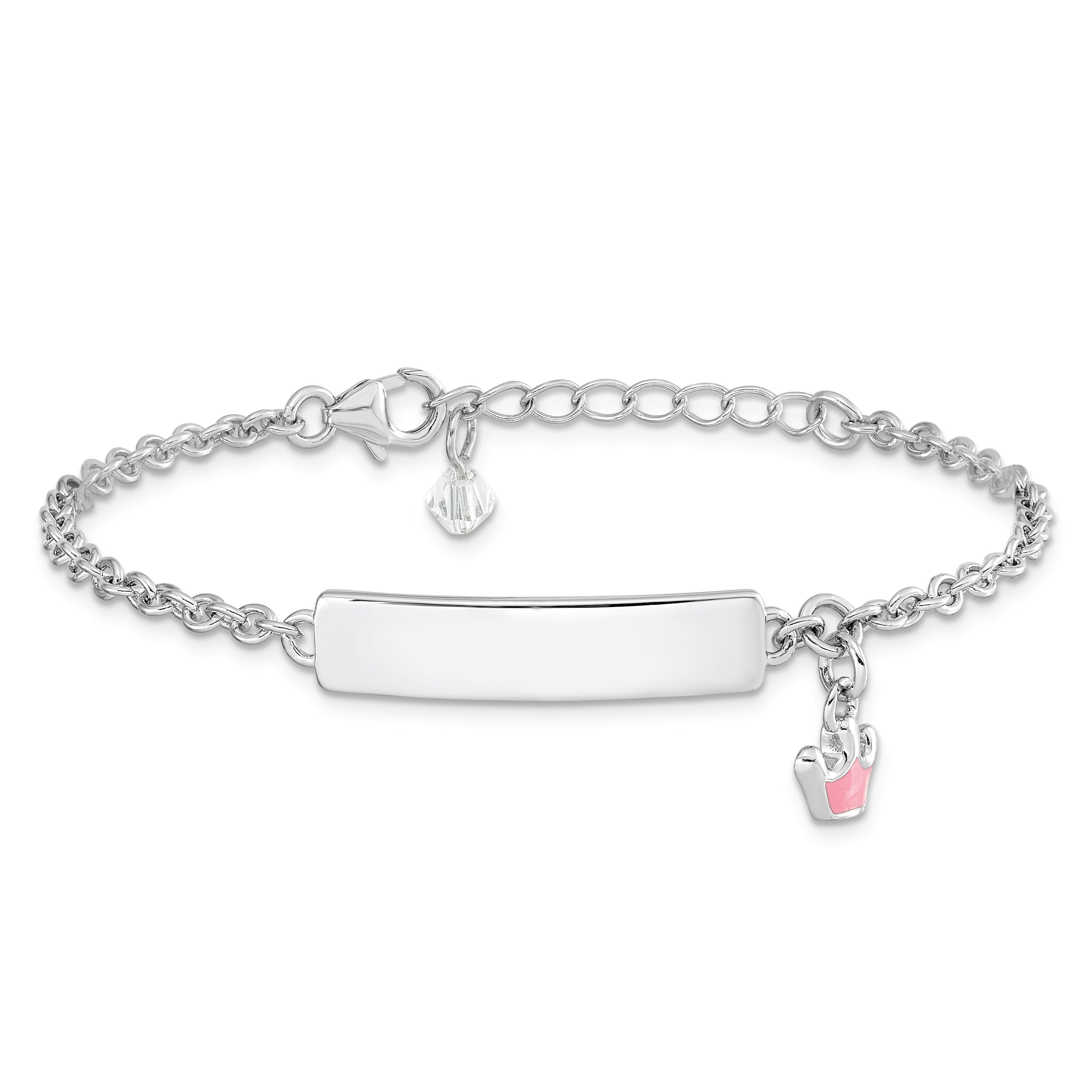 Sterling Silver Rhodium-plated Polished & Pink Enameled Crown with 1 Inch Extension Children's ID Bracelet - 7