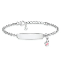 Sterling Silver Rhodium-plated Polished & Pink Enameled Crown with 1 Inch Extension Children's ID Bracelet - 7