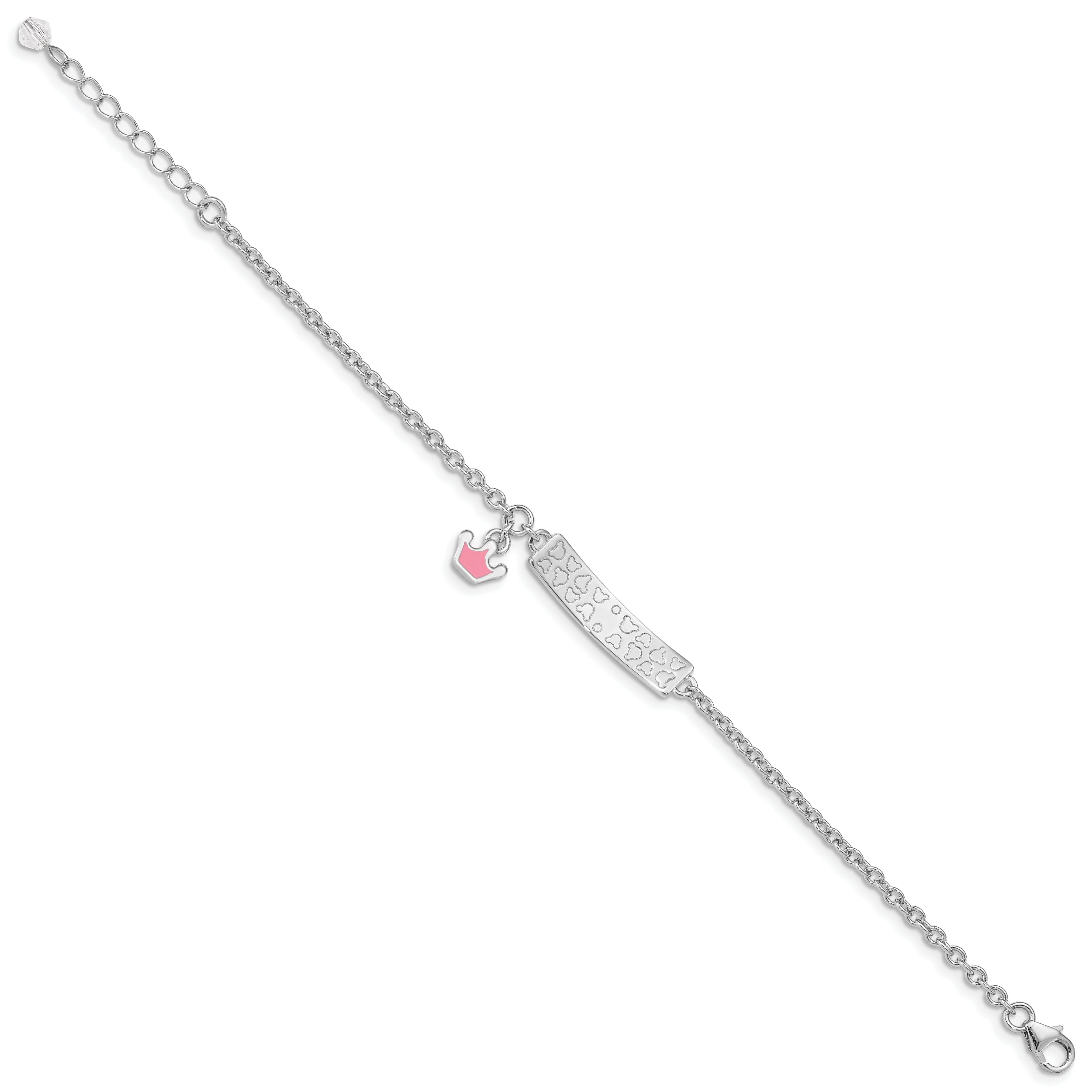 Sterling Silver Rhodium-plated Polished & Pink Enameled Crown with 1 Inch Extension Children's ID Bracelet - 7