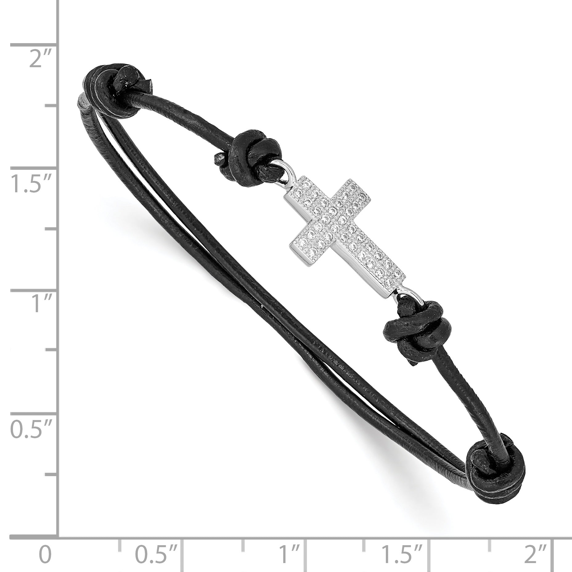 Sterling Silver Leather Bracelet with CZ CroSterling Silver Rhodium-Plated Unisex Design