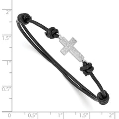 Sterling Silver Leather Bracelet with CZ CroSterling Silver Rhodium-Plated Unisex Design