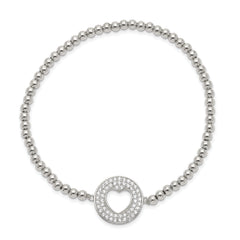 Sterling Silver Rhodium-plated Polished Beaded CZ Heart Punched Circle Stretch Bracelet