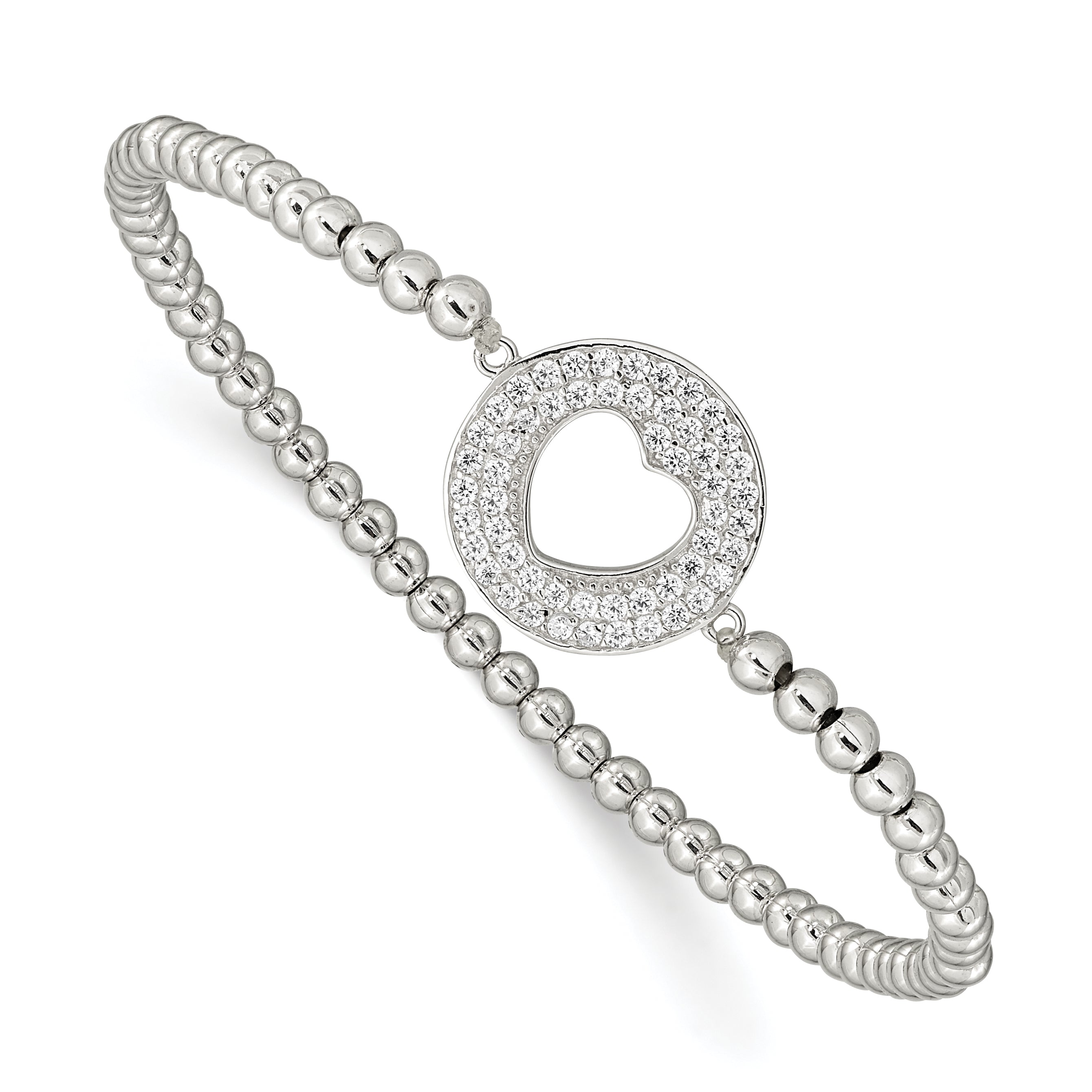 Sterling Silver Rhodium-plated Polished Beaded CZ Heart Punched Circle Stretch Bracelet