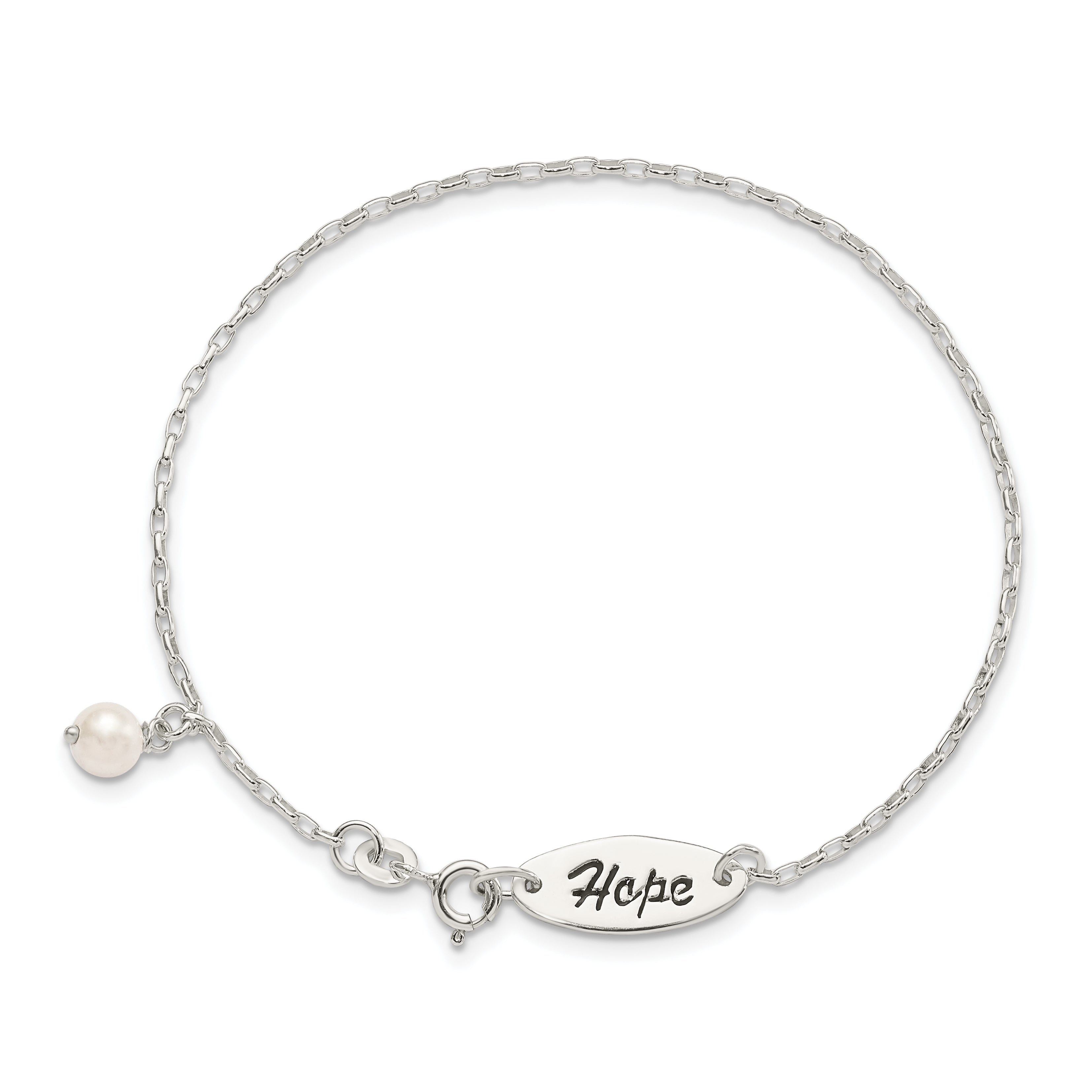 Sterling Silver Polished Synthetic Pearl Dangle HOPE Bracelet