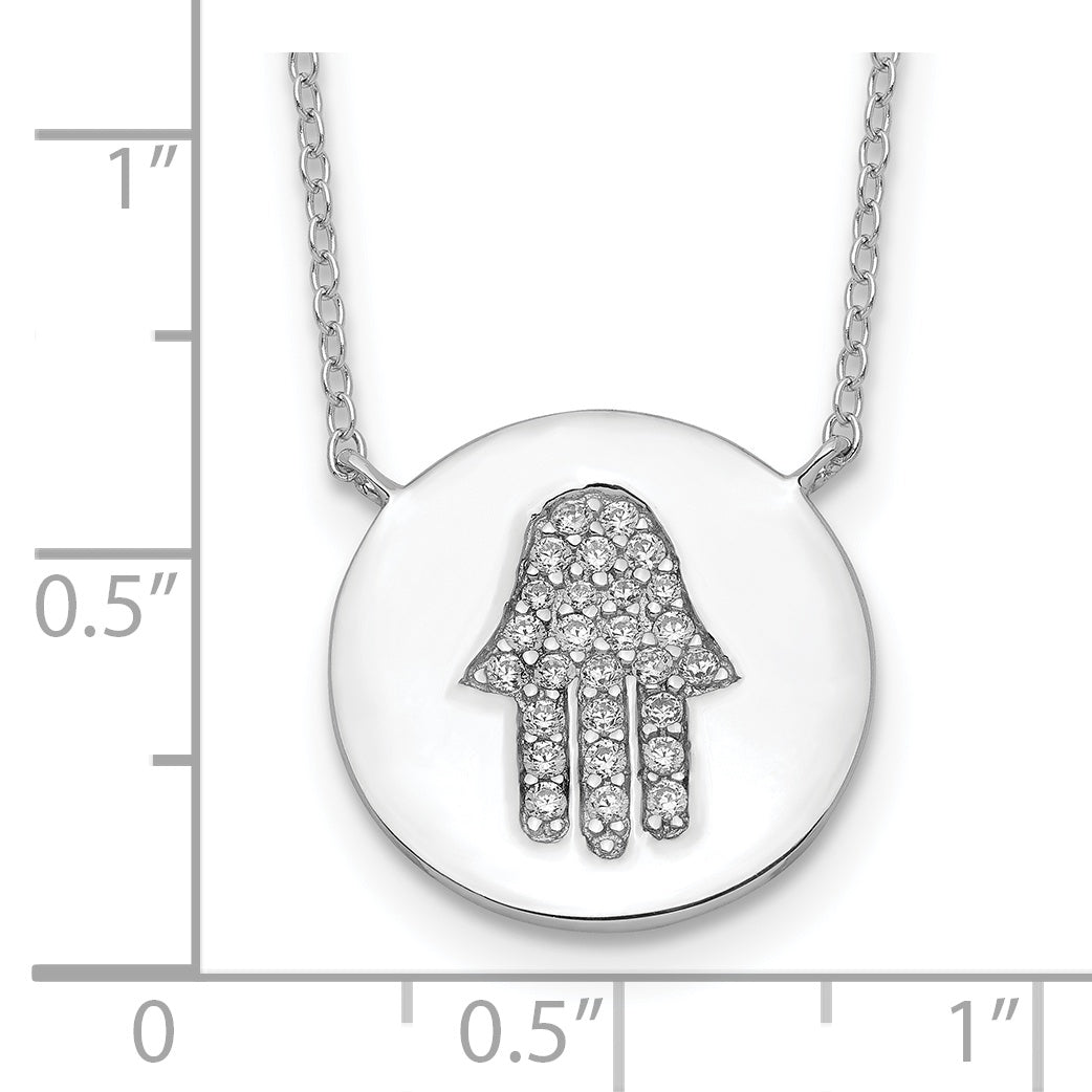 Sterling Silver Hamsa Necklace with CZ Rhodium Finish, 18-Inch Extender