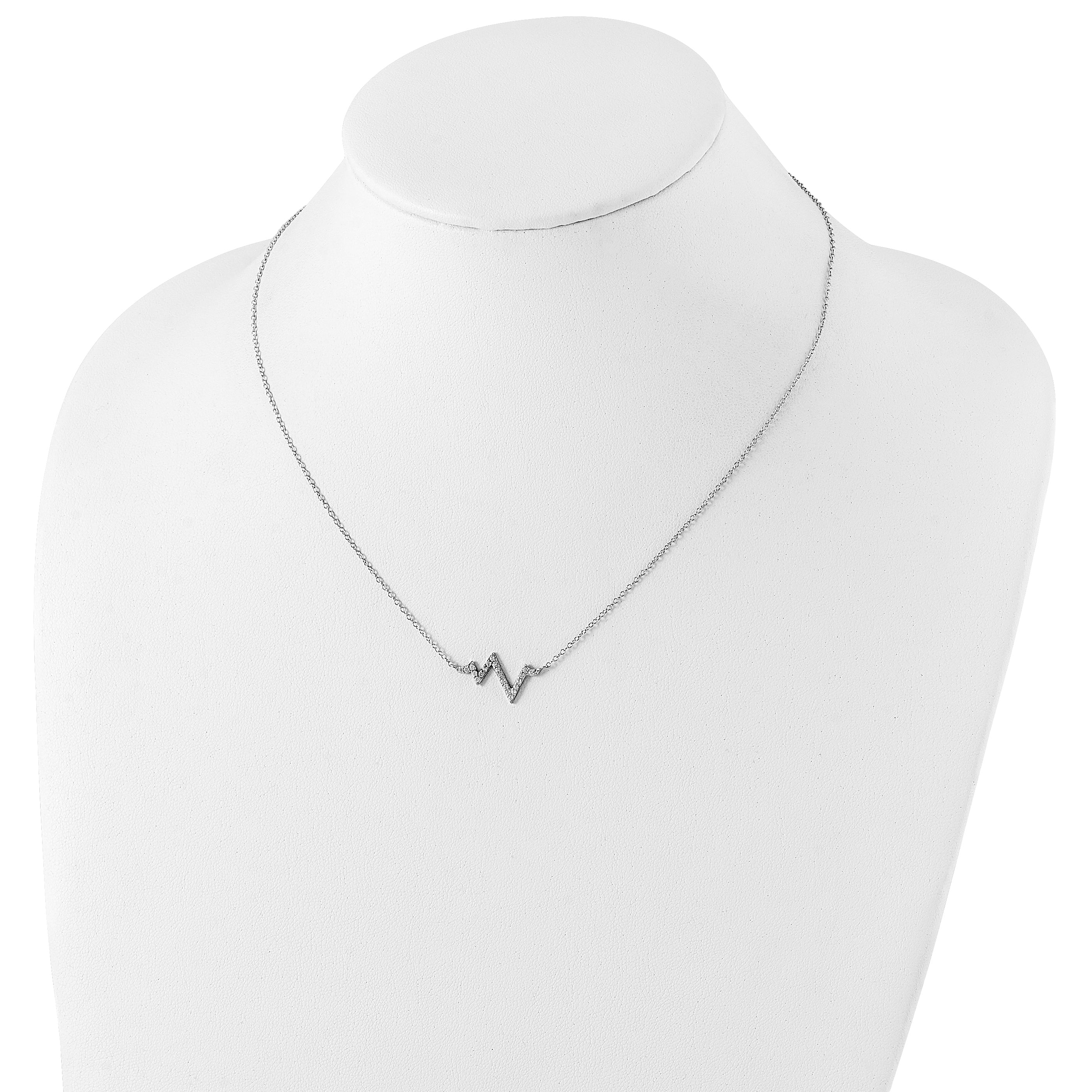 Sterling Silver Rhodium-plated CZ Heartbeat w/2in ext. Necklace
