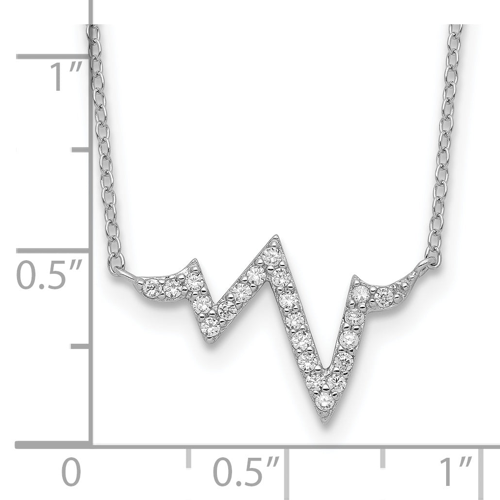 Sterling Silver 925 Polished CZ Heartbeat Necklace with Extension - 16