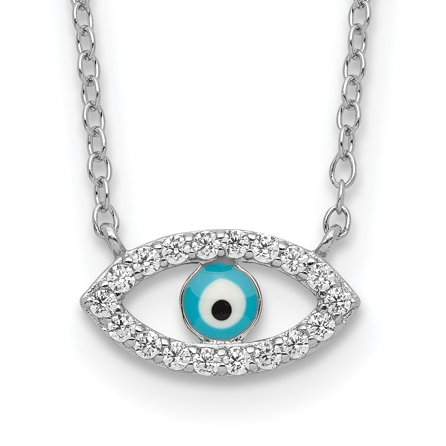Sterling Silver Rhodium-plated Enamel Eye w/CZ Necklace