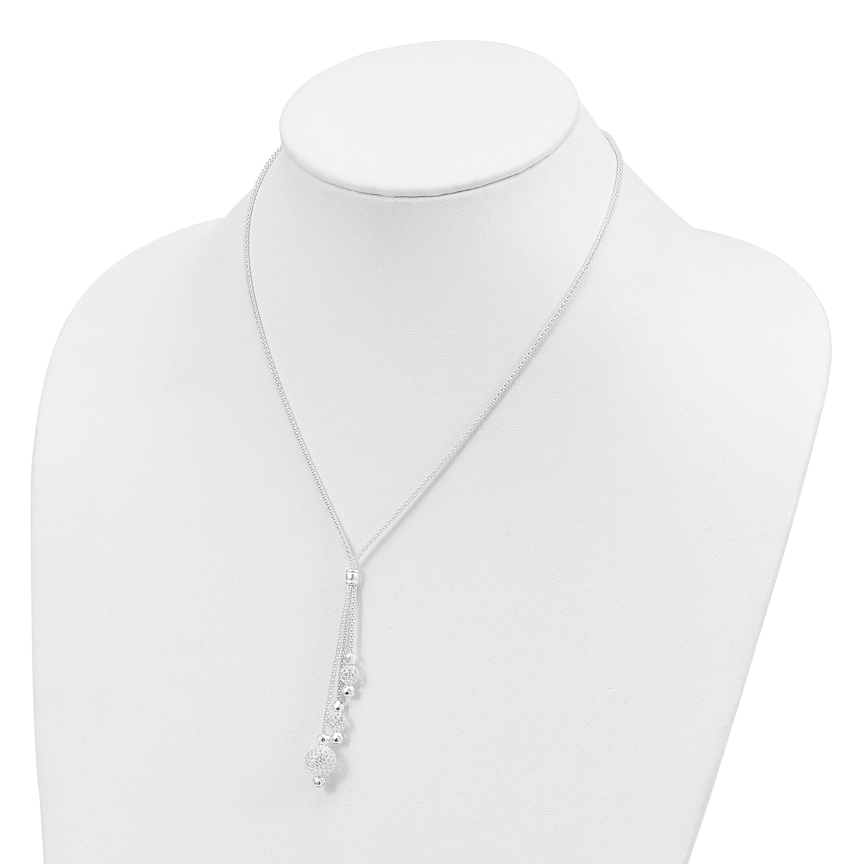 Sterling Silver 925 Beaded Necklace with Rhodium Polished Mesh Chain