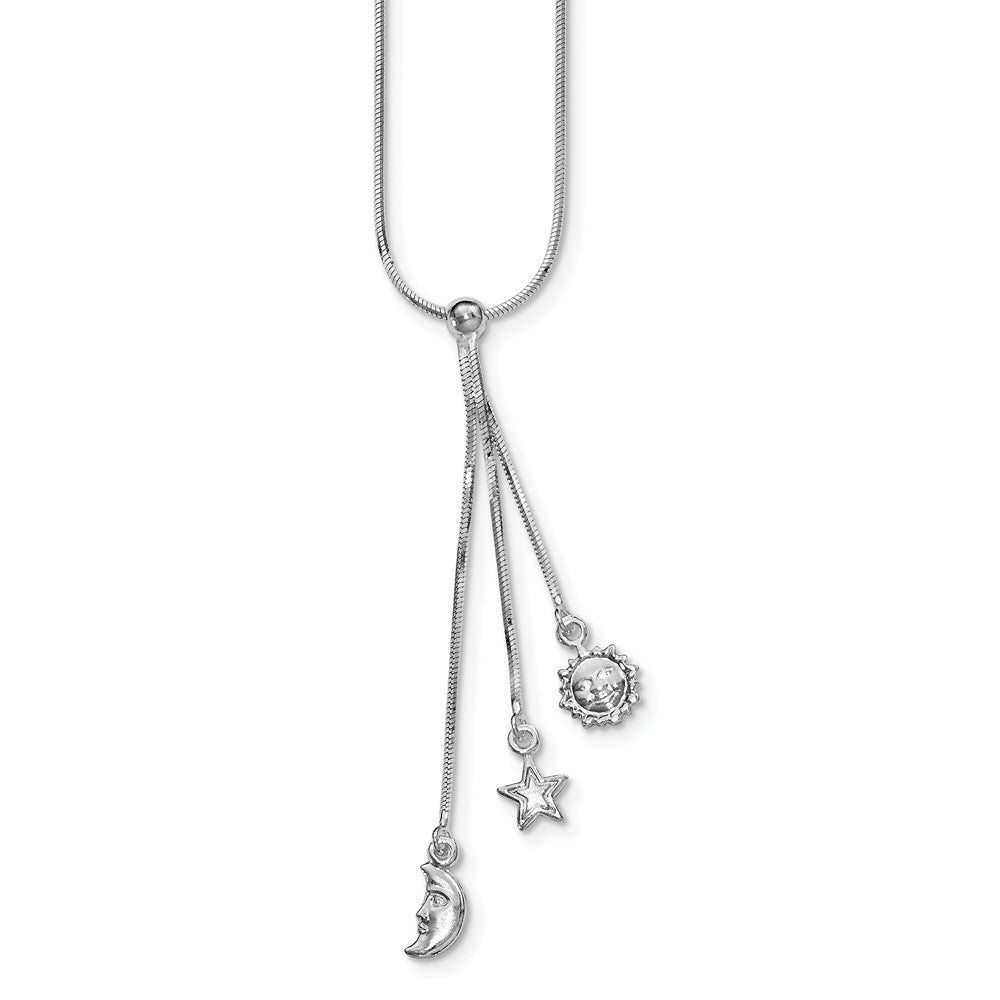 Sterling Silver Rhodium-plated Fancy Chain Sun/Moon/Star Necklace