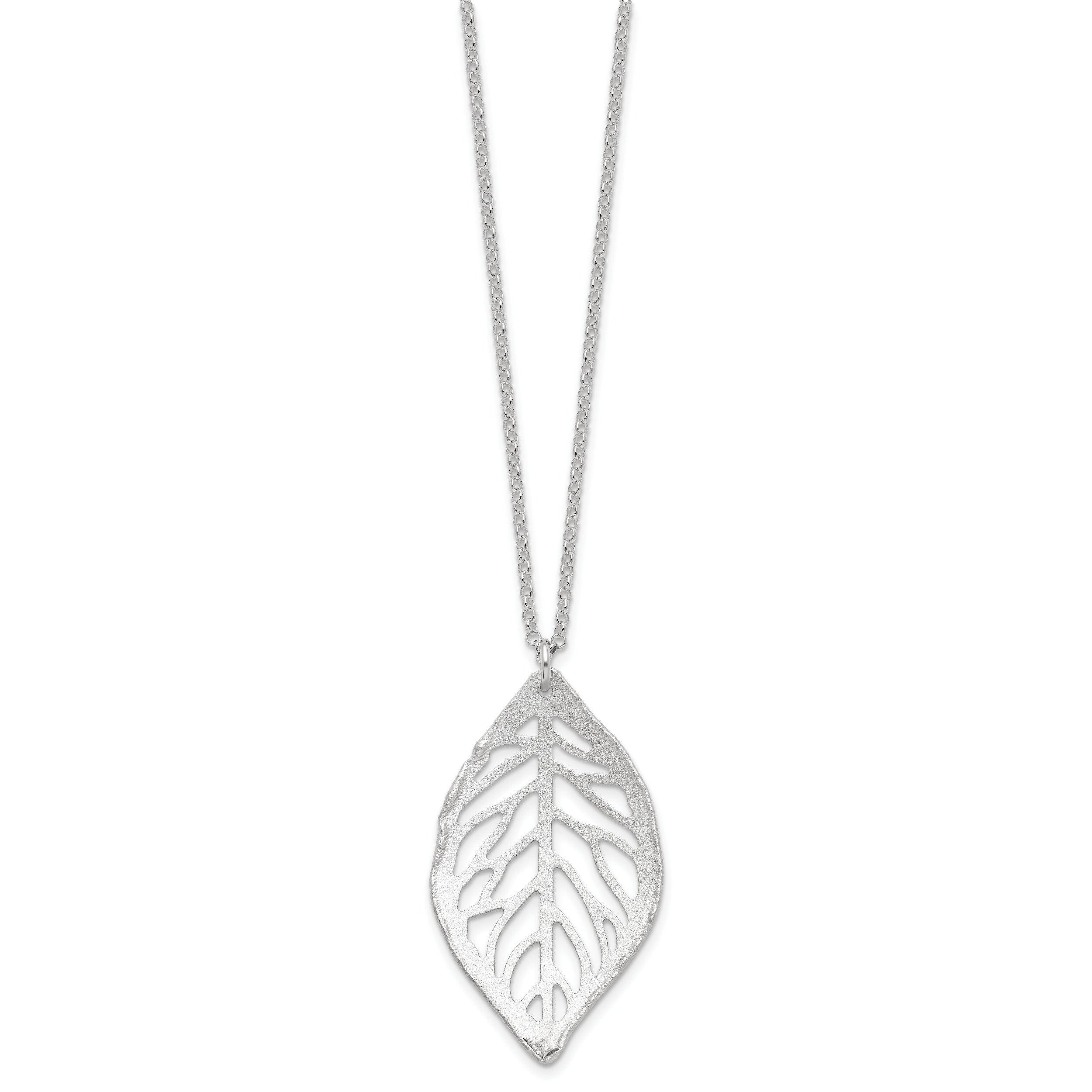 Sterling Silver Rhodium-Plated Leaf Necklace with Satin Finish for Women