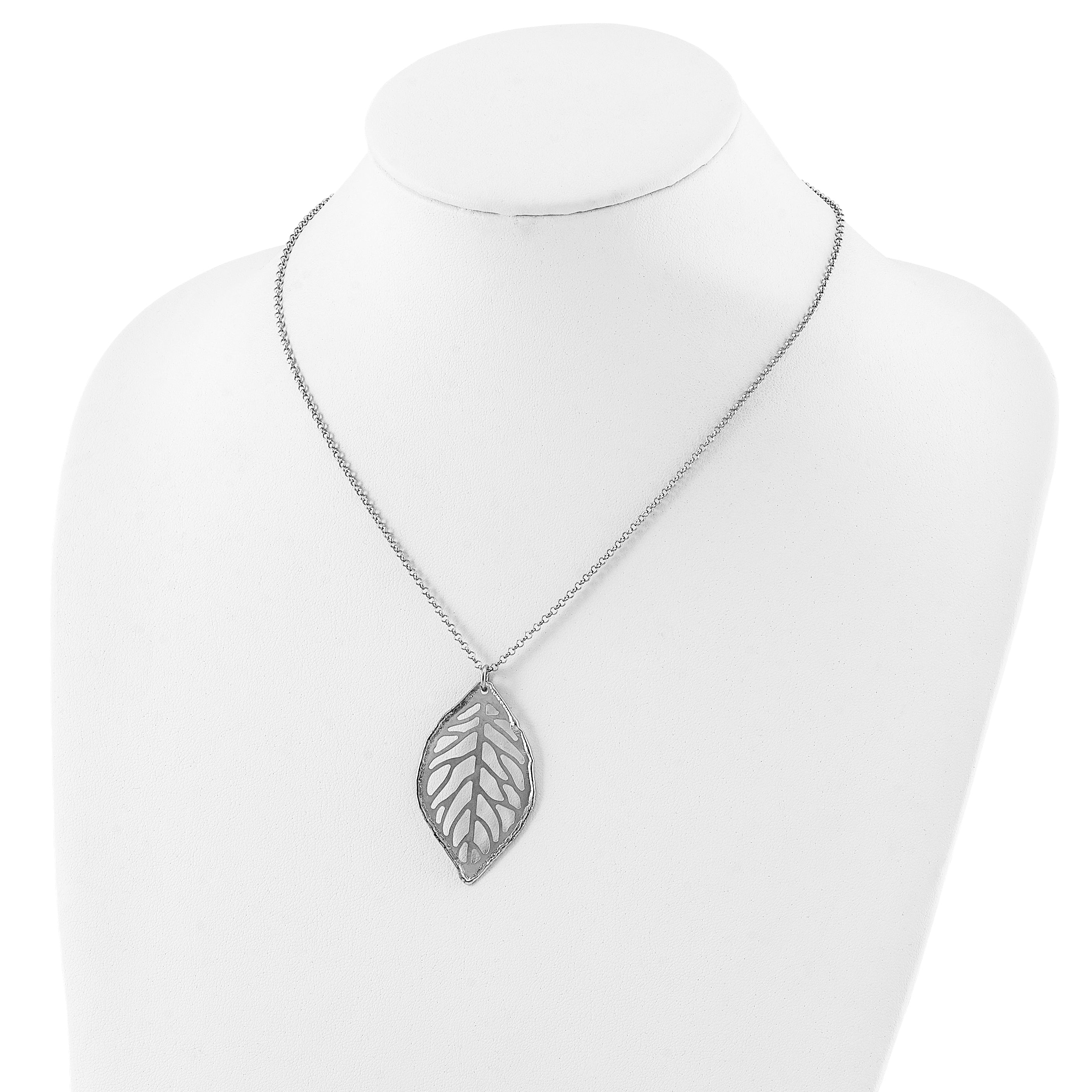 Sterling Silver Rhodium-Plated Leaf Necklace with Satin Finish for Women