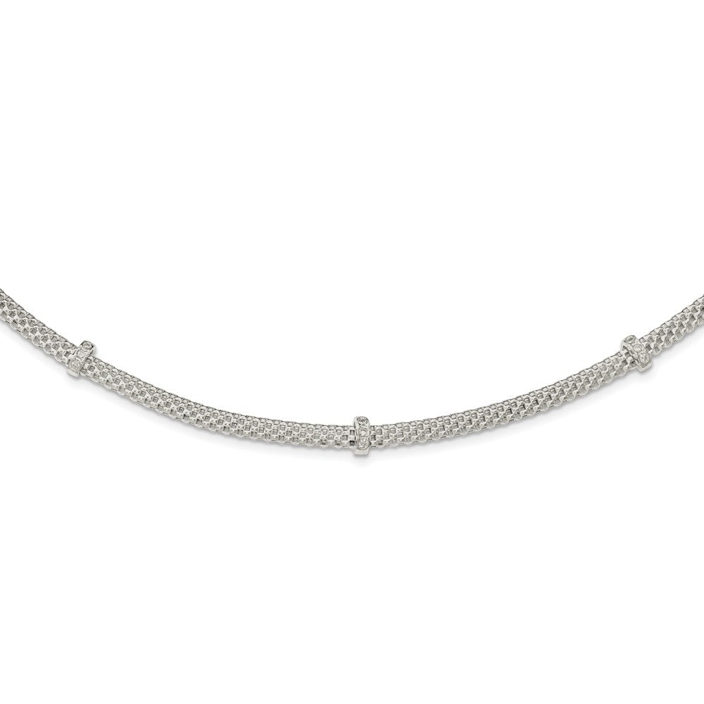 Sterling Silver Mesh with CZ Stations w/1in extension Necklace