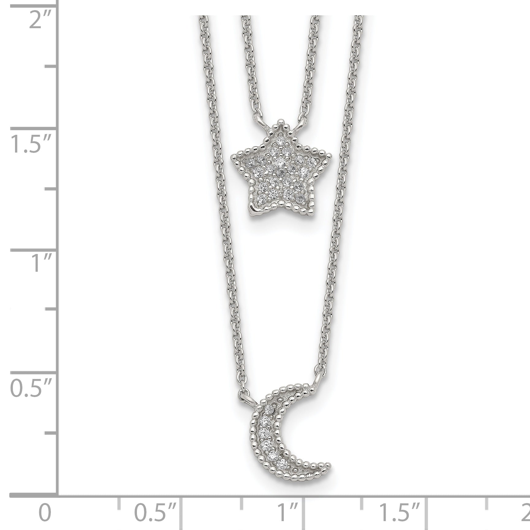 Women's Sterling Silver Polished CZ Moon and Star Double Strand Necklace