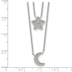 Women's Sterling Silver Polished CZ Moon and Star Double Strand Necklace