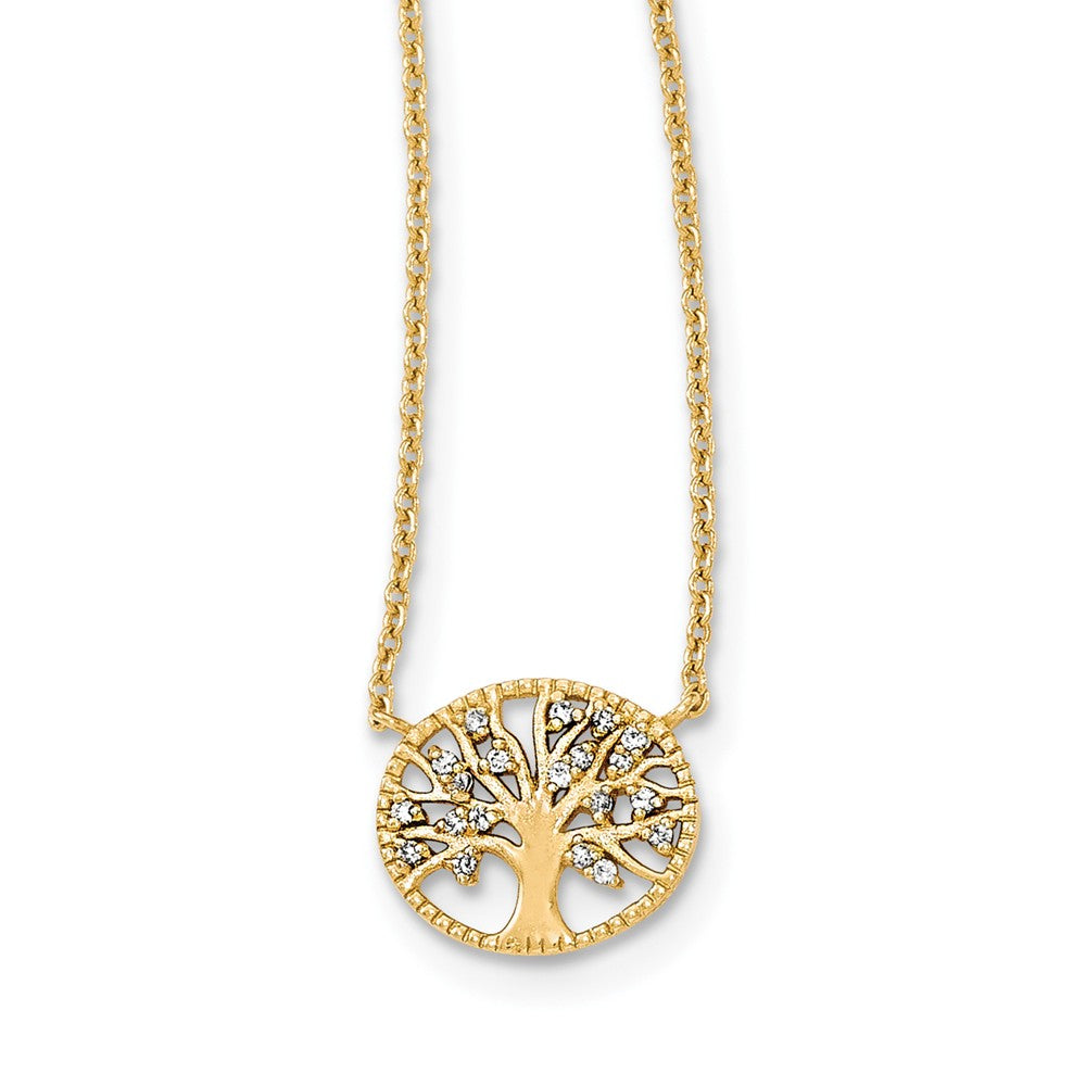 Sterling Silver Polished Gold-plated Tree with CZ Necklace